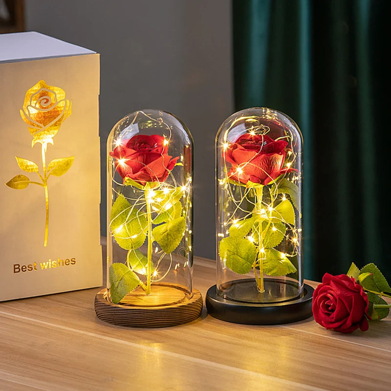 Artificial Rose Flowers Eternal Rose LED Light Foil Flower in Glass Cover Simulation Rose Flower Mothers Day Gifts Party Supply