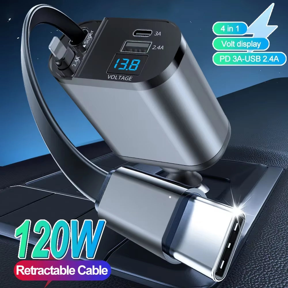 120W 4 in 1 Retractable Car Charger 