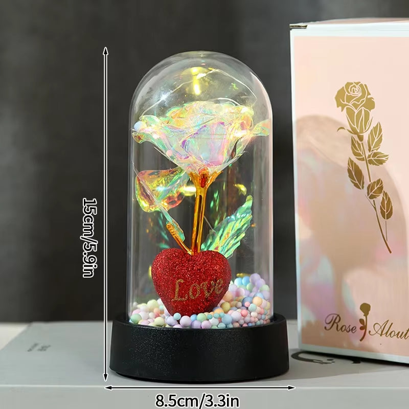 Artificial Rose Flowers Eternal Rose LED Light Foil Flower in Glass Cover Simulation Rose Flower Mothers Day Gifts Party Supply